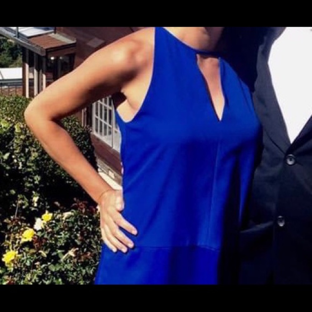 Parker Blue Silk/Polyester High Neck Keyhole Dress